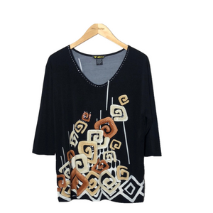 VALENTINA Women 1X Plus Artsy Tunic‎ Top Lagenlook 3/4 Sleeve Abstract Gorpcore